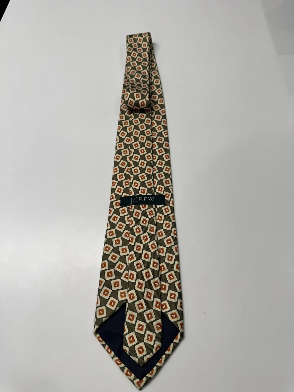 J. Crew Olive Green Geometric Silk-Blend Tie with Cream and Rust Accents